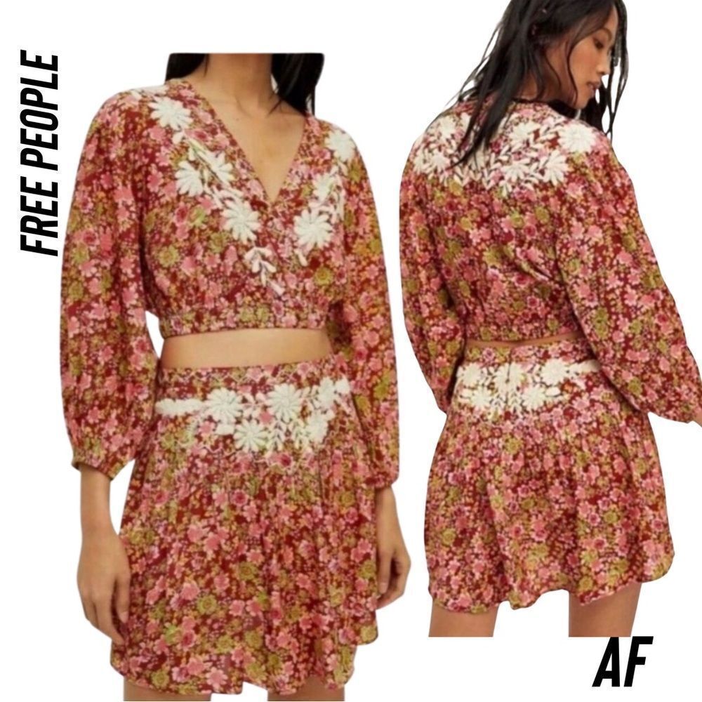FREE PEOPLE NYOMI EMBROIDERED CRO TOP AND MINI SKIRT SET NWT